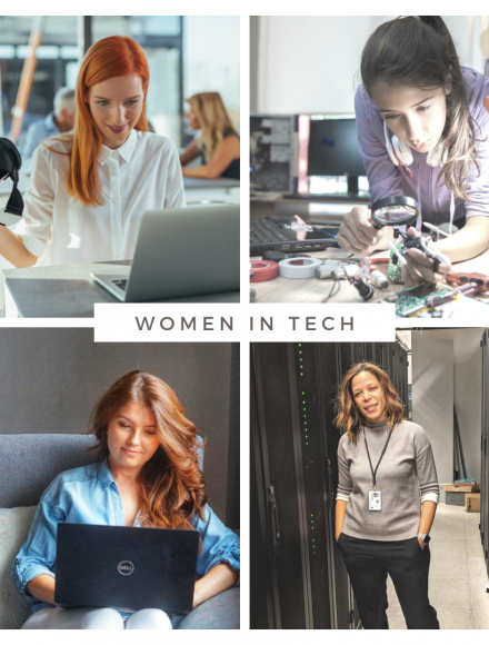 four pictures of women who work in technology