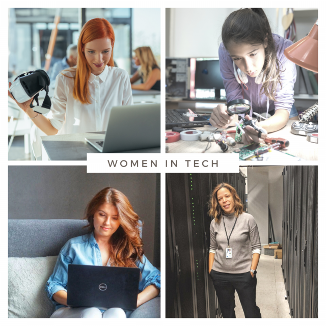 four pictures of women who work in technology