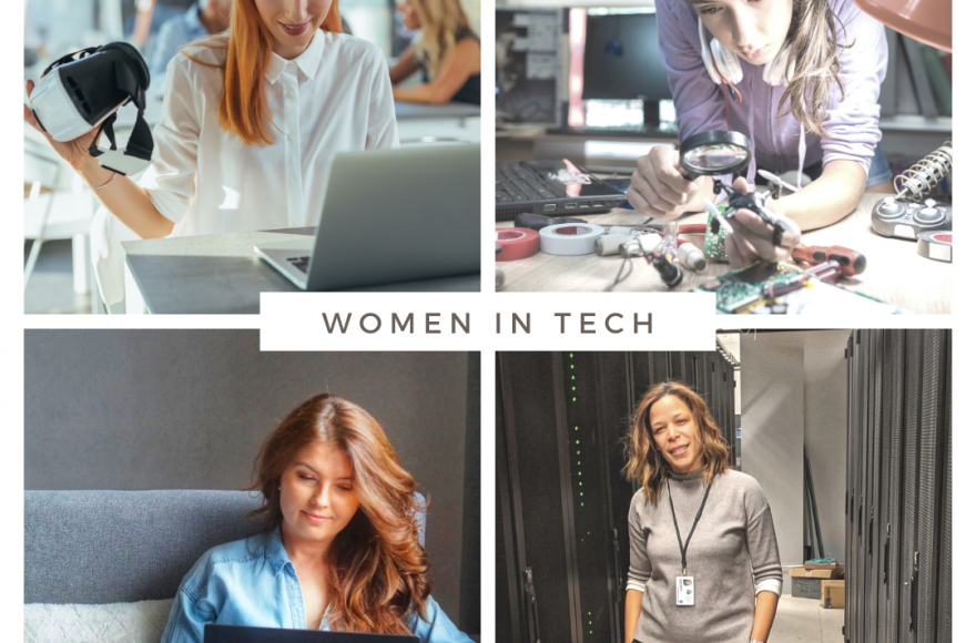 four pictures of women who work in technology