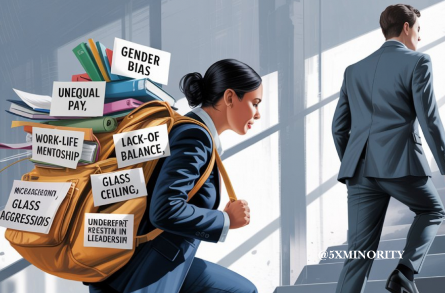 Illustration of a Latina businesswoman climbing stairs with a heavy backpack labeled with challenges like gender bias and unequal pay, highlighting the burden women in tech face compared to a male colleague walking ahead unburdened.