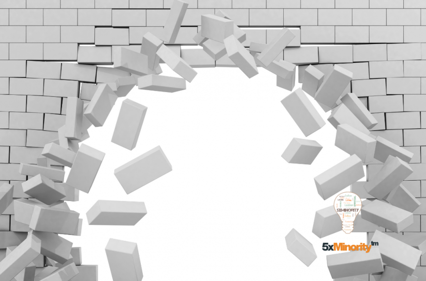 Bricks falling from a wall symbolizing breaking barriers and shattering glass ceilings, representing Hispanic leaders in technology and innovation during Hispanic Heritage Month 2025.
