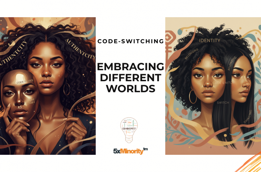 A digital illustration of an Afro-Latina woman with two overlapping faces, symbolizing the tension between authenticity and conformity in code switching.