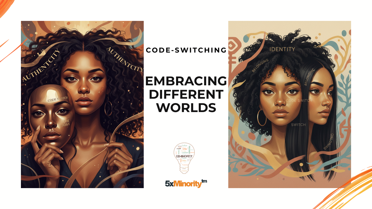A digital illustration of an Afro-Latina woman with two overlapping faces, symbolizing the tension between authenticity and conformity in code switching.