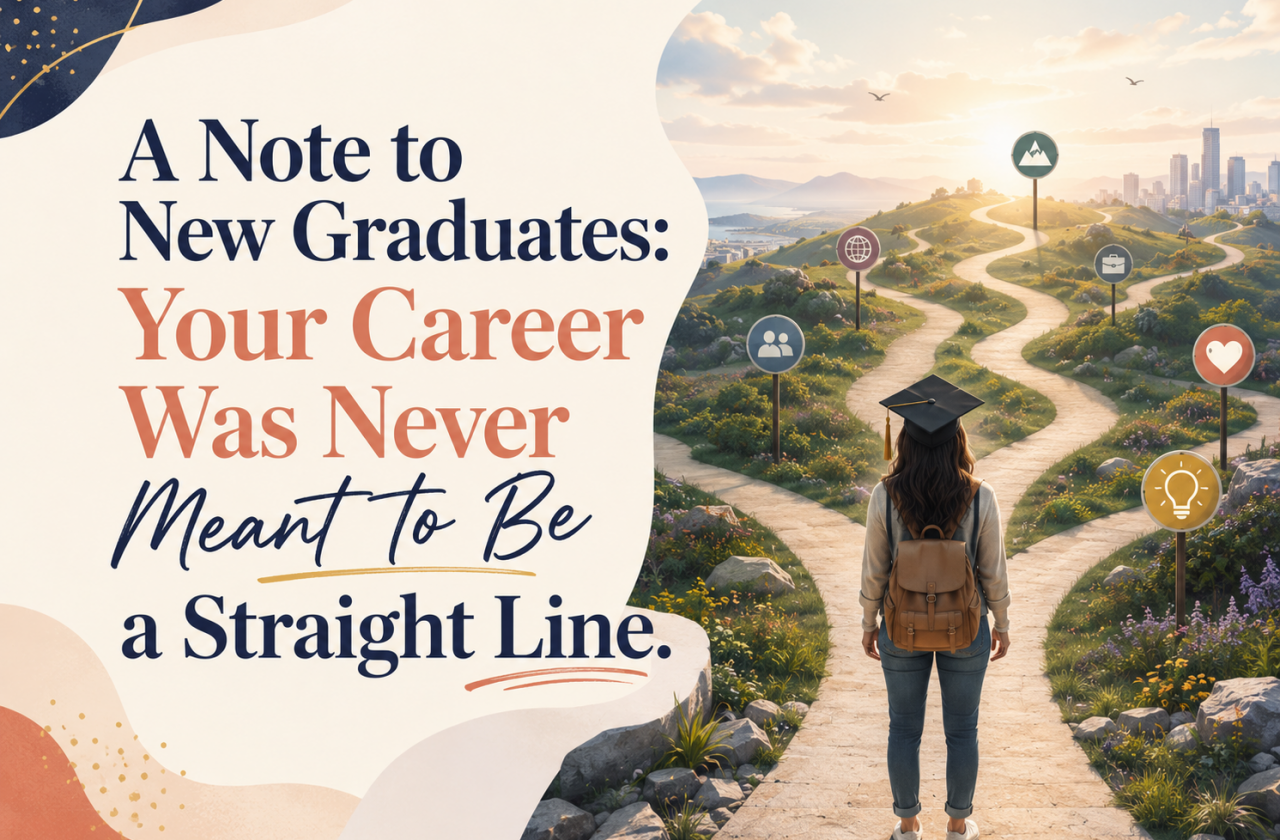 A new graduate standing before a winding career path, representing non-linear career advice for women entering tech.