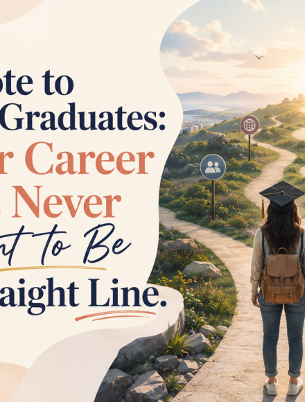 A new graduate standing before a winding career path, representing non-linear career advice for women entering tech.