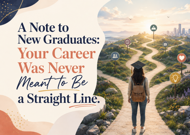 A new graduate standing before a winding career path, representing non-linear career advice for women entering tech.