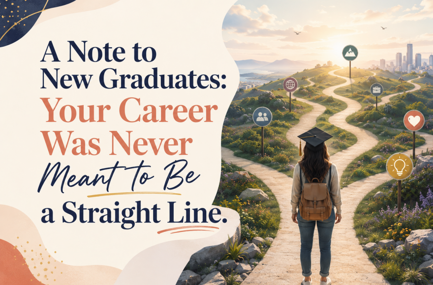 A new graduate standing before a winding career path, representing non-linear career advice for women entering tech.