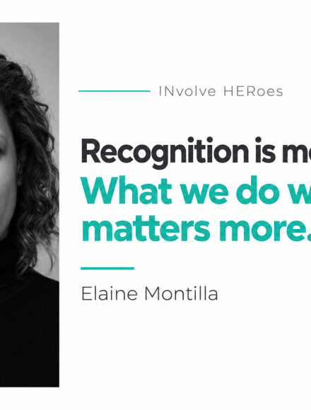 Black-and-white portrait of Elaine Montilla beside the quote "Recognition is meaningful. What we do with it matters more." with the INvolve HERoes and 5xMinority names.